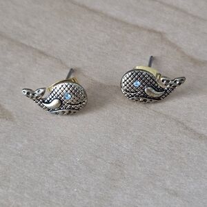 Tiny Gold Tone Whale Stud Earrings With Crosshatch Marks & Blue Eyes